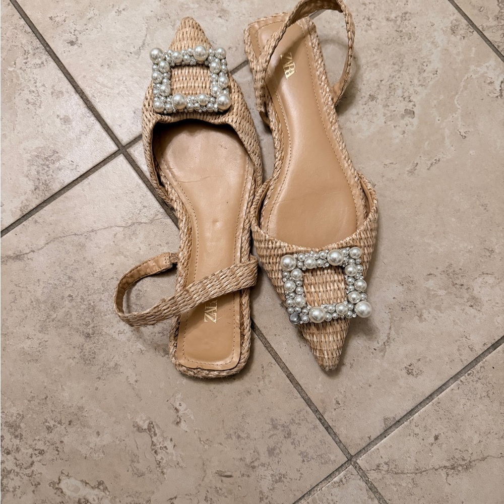 Zara Tan Espadrille Slingbacks with Pearl Buckle